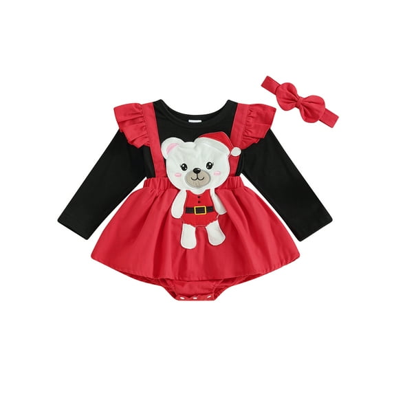Suealasg Infant Baby Girl 3PCS Christmas Outfit Long Sleeve Ruffle Romper Tops Bear Suspender Skirt Headband Sets Christmas Holiday-themed Clothing for Newborn Girl