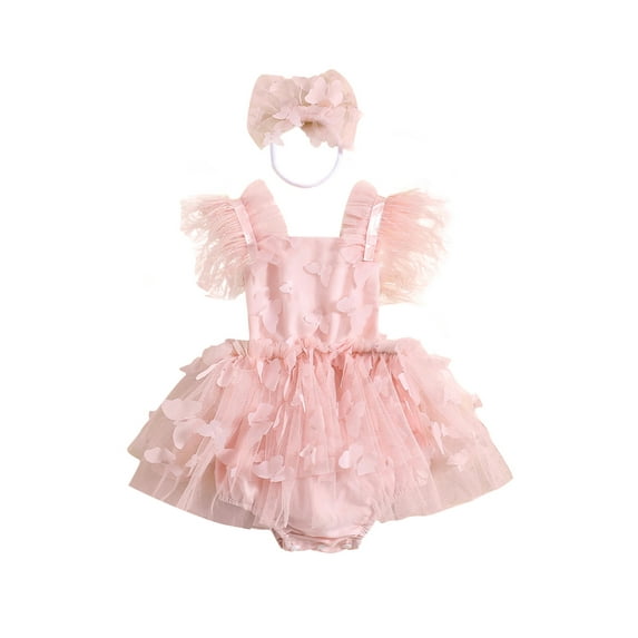 Suealasg Infant Baby Girl Princess Dress 3M 6M 12M 18M 24M Fly Sleeve Feather 3D Butterfly Mesh Tulle Romper Dress Headband Toddler Girls 2 Piece Summer Birthday Party A-Line Dress