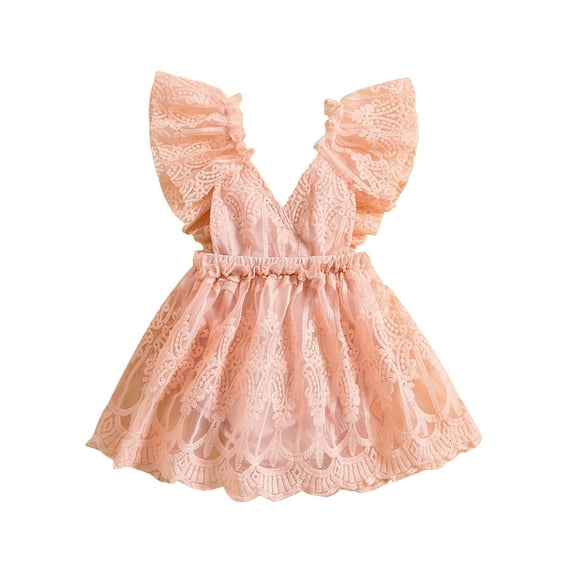 Suealasg Infant Baby Girl Romper Dresses 6 12 18 24 Months Newborn Girls Summer Clothes Fly Sleeve V-neck Solid Lace Bodysuit