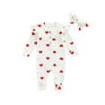 thumbnail image 1 of Suealasg Infant Baby Girl Valentine's Day Outfits 3M 6M 12M 18M Newborn Heart Print Knitted Romper Ruffle Long Sleeve Jumpsuit Hairband 2PCS Spring One Piece Clothes, 1 of 9