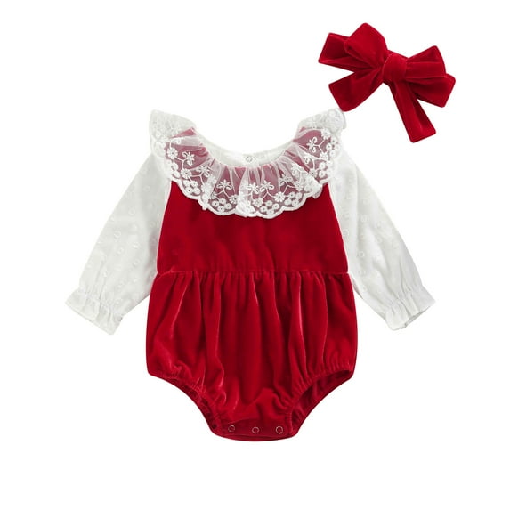 Suealasg Infant Baby Girl Valentines Day Outfits Red Long Sleeve Lace Hem Romper Hairband Newborn Girls 2PCS Spring One Piece Bodysuit
