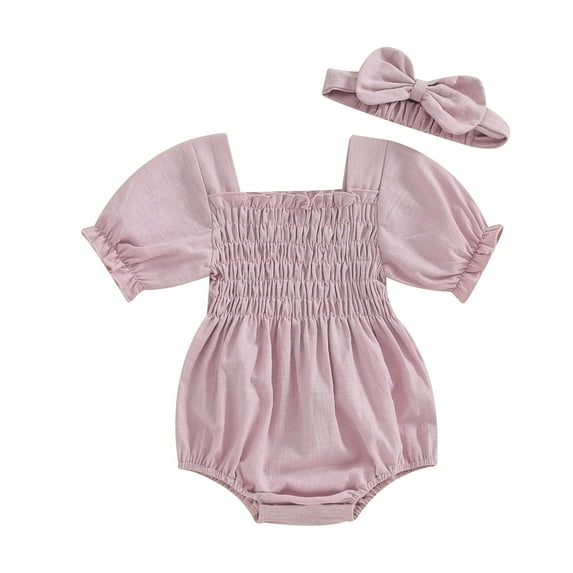 Suealasg Infant Baby Girls 2PCS Summer Outfits Solid Color Short Sleeve Square Neck Romper +Bow Headband 3M 6M 9M 12M 18M Toddler Spring Clothing