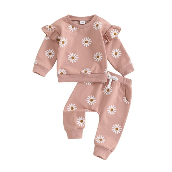 Suealasg Infant Baby Girls 2Pcs Fall Clothes 1T 2T 3T Toddler Girls Casual Autumn Outfits Long Sleeve Daisy Print Sweatshirt Elastic Waist Sweatpants