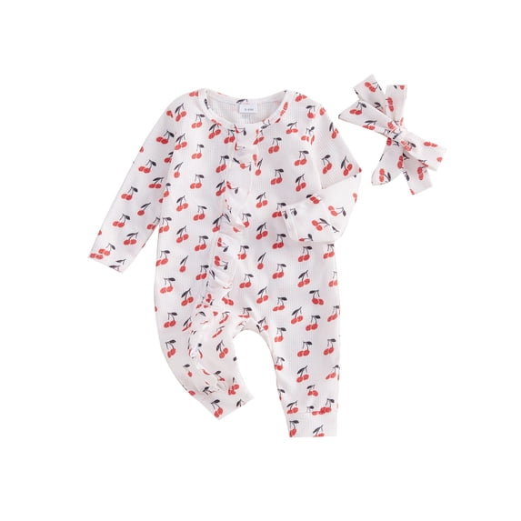 Suealasg Infant Baby Girls Fall Clothes Long Sleeve Cherry Print Jumpsuits Headband 3 6 9 12 18 Months Newborn Girls Romper Bodysuit