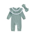 thumbnail image 1 of Suealasg Infant Baby Girls Fall Clothes Long Sleeve Ruffle Trim Full Length Jumpsuits Headband 3 6 12 Months Newborn Girls Ribbed Romper Bodysuit Headband, 1 of 7
