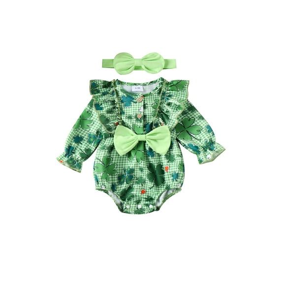 Suealasg Infant Baby Girls Ireland Festival 2Pcs Outfits Sets 3M 6M 9M 12M 18M Long Sleeve Bow Front Ruffle Romper+ Headband Newborn Girls Spring Casual Clothes