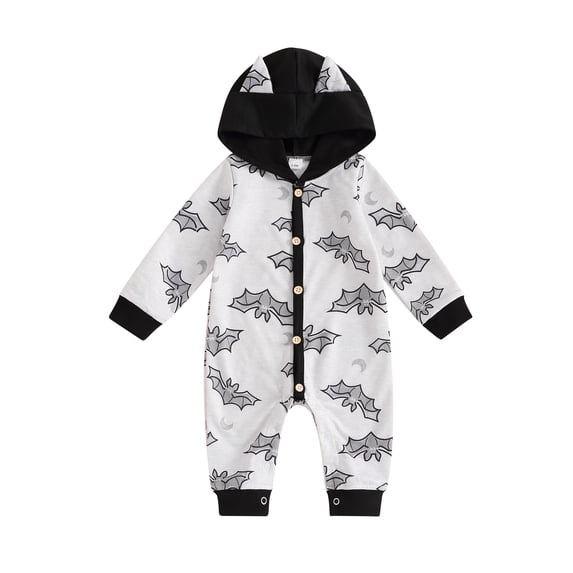 Suealasg Infant Boy Girl Halloween Full Length Jumpsuit Long Sleeve Bat Print Hooded Romper Bodysuit 3 6 12 18 24 Months Baby Girl Boy Halloween Clothes