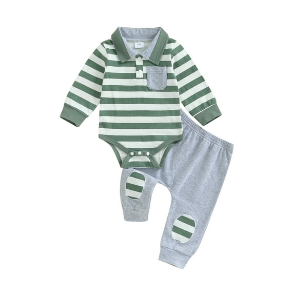 Suealasg Infant Boys Autumn Outfit Sets 3 6 9 12 Months Baby Boys Clothes Newborn Long Sleeve Striped Turn-Down Collar Rompers + Elastic Waist Long Pants