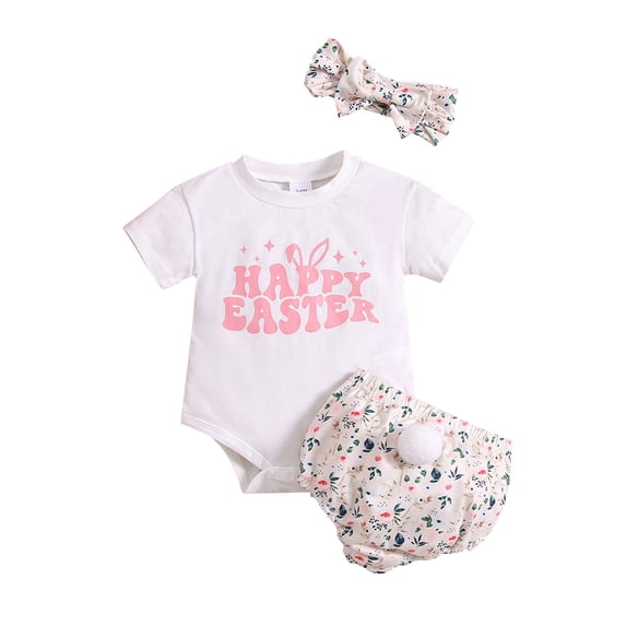Suealasg Infant Girl Easter 3Pcs Outfit 3M 6M 9M 12M 18M Newborn Girls Short Sleeve Letter Print Romper + Elastic Waist Flower Print Shorts + Bow Headband Baby Girl Summer Clothing