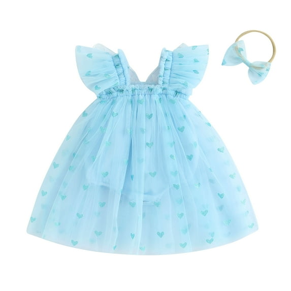 Suealasg Infant Girl Princess Dress 3M 6M 12M 18M Baby Girls Fly Sleeve Sparkle Heart Print Layered Tulle Tutu Dress Toddler Girls Summer Valentine's Day A-Line Dress