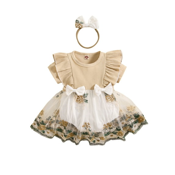 Suealasg Infant Girl Romper Dress Short Sleeve Floral Embroidery Skirt Hem Jumpsuits 3 6 12 18 24 Months Newborn 2Pcs Summer Clothes Baby Bodysuits with Headband