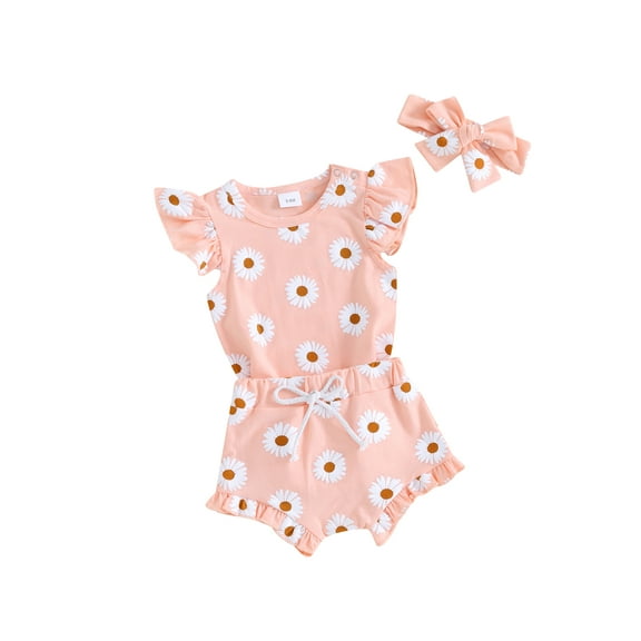 Suealasg Infant Girl Summer Outfits 3Pcs Baby Girl Beach Clothes Set Fly Sleeve Daisy Print Romper Tops Elastic Waist Shorts Set Headband 0-18 Months