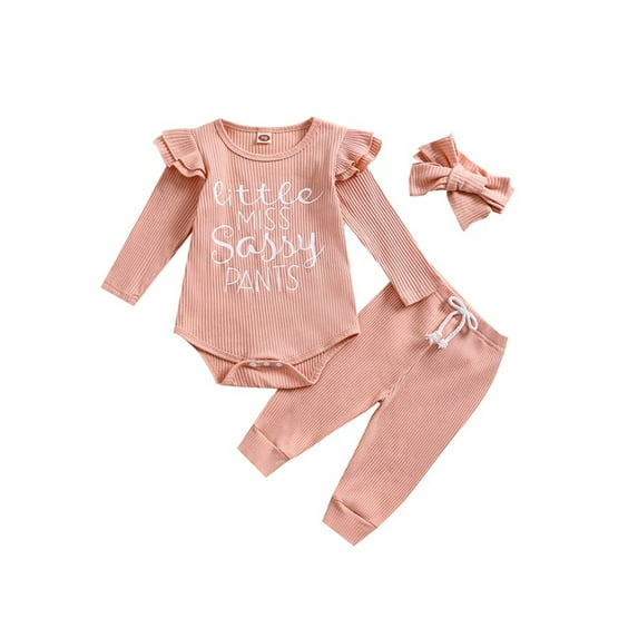 Suealasg Infant Girls Fall Outfits 3M 6M 12M 18M Baby Girls Long Sleeve Letter Print Ribbed Romper Long Pants Headband 3Pcs Casual Autumn Clothes for Newborn Girls