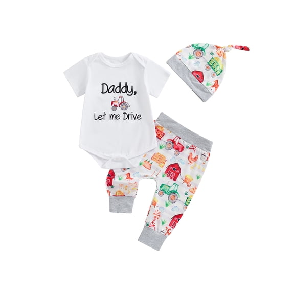 Suealasg Infant Newborn Baby Boys Farm Clothes Set Letter Print Short Sleeve Rompers Farm Animals Tractors Print Long Pants Hat 3 6 12 18 Months Summer Outfits
