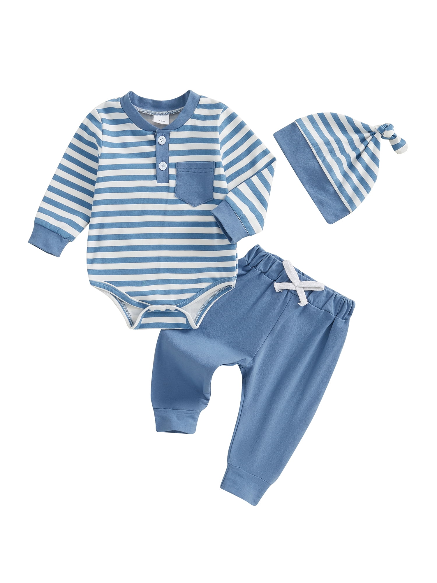Suealasg Infant Newborn Boys 3Pcs Spring Fall Outfits 3 6 9 9 12 18 Months Baby Boys Clothes Striped Print Long Sleeve Rompers and Elastic Pants Hat Set