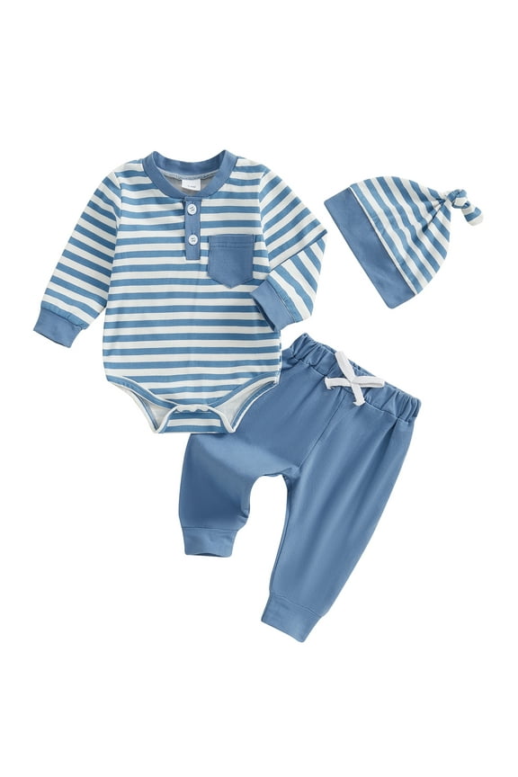 Infant Newborn Boys 3Pcs Spring Fall Outfits 3 6 9 9 12 18 Months Baby Boys Clothes Striped Print Long Sleeve Rompers and Elastic Pants Hat Set