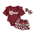 thumbnail image 1 of Suealasg Infant Newborn Girl Valentine's Day Outfits Letter Print Short Sleeve Ribbed Knit Rompers Heart Print Skorts Headband Baby Girls 3Pcs Clothes Set, 1 of 8