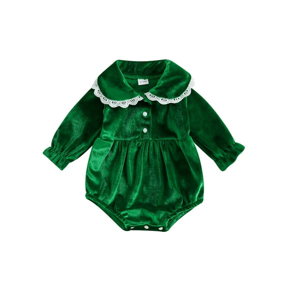 Suealasg Infant Newborn Girls Christmas Velvet Romper 3M 6M 12M 18M Long Sleeve Lapel Lace Trim Button Bodysuit Baby Girls Spring Fall One Piece Clothes