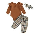 thumbnail image 1 of Suealasg Infant Newborn Girls Spring Outfits 3M 6M 9M 12M 18M Infant Girls Long Sleeve Buttons Ribbed Rompers Plaid Long Pants Headband 3Pcs Baby Girls Clothes, 1 of 9