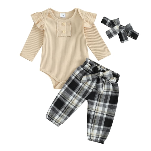Suealasg Infant Newborn Girls Spring Outfits 3M 6M 9M 12M 18M Infant Girls Long Sleeve Buttons Ribbed Rompers Plaid Long Pants Headband 3Pcs Baby Girls Clothes