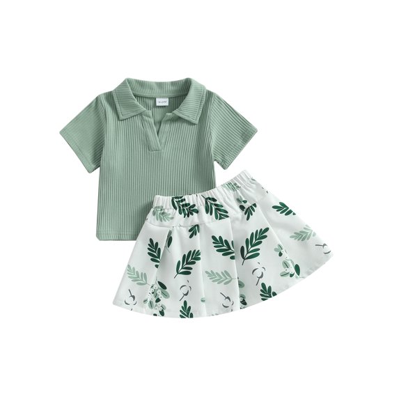 Suealasg Kid Girls Clothes 18M 2T 3T 4T 5T 6T Little Girls Short Sleeve Lapel Collar Tops + Mini Pleated Skirt Set 2PCS Casual Summer Outfits for Child Girls