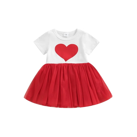 Suealasg Kid Girls Valentine’s Day Dress 6M 9M 1T 2T 3T Red Heart Print Short Sleeve Round Neck Tutu Dress Toddler Baby Girls Summer Casual Dress