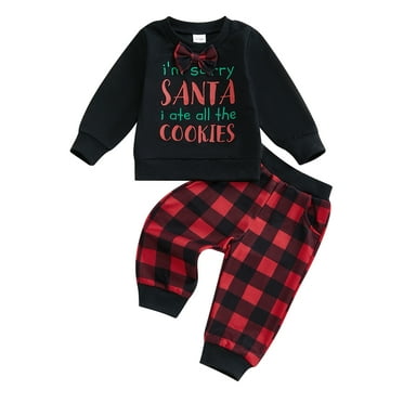 Suealasg Kids Baby Boy 2Pcs Fall Winter Clothes 1T 2T 3T 4T Toddler Boy Casual Christmas Outfits Long Sleeve O Neck Letter Print Tops Plaid Pants Sets