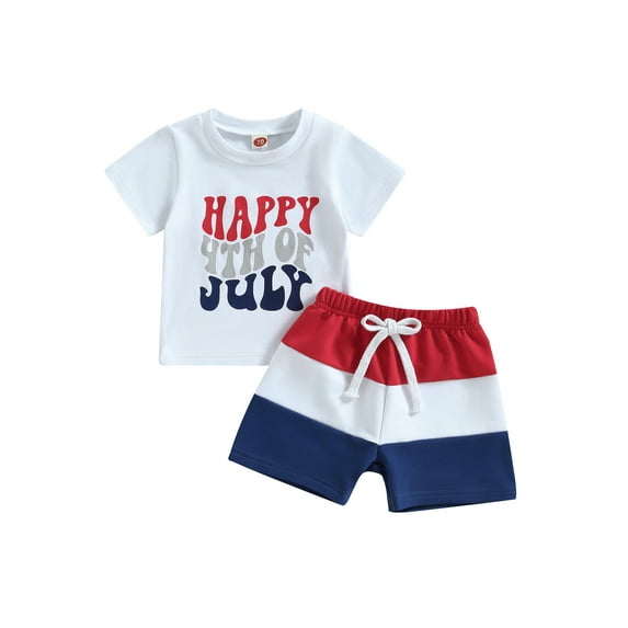 Suealasg Kids Baby Boys 4th of July Clothes Toddler Boys Independence Day Outfits Letter Print Crew Neck Short Sleeve T-Shirts Tops and Shorts 2Pcs Summer Clothing