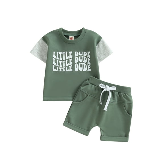 Suealasg Kids Baby Boys Clothes Contrast Color Letter Print Crew Neck Short Sleeve T-Shirts Tops and Shorts 2Pcs Summer Toddler Boys Summer Outfits