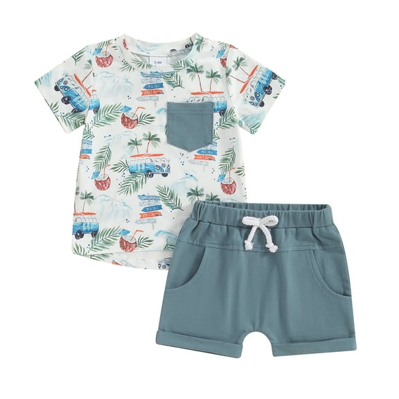 Suealasg Kids Baby Boys Summer Clothes 3M 6M 12M 18M 24M 3T Short Sleeve Tree Print T-Shirt Top Shorts Set 2Pcs Toddler Boys Casual Beach Style Outfits
