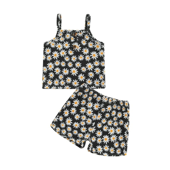 Suealasg Kids Baby Girl 2Pcs Summer Outfits Sleeveless Daisy Print Camisole Tops + Elastic Shorts Set 1T 2T 3T 4T 5T Toddler Girl Clothes