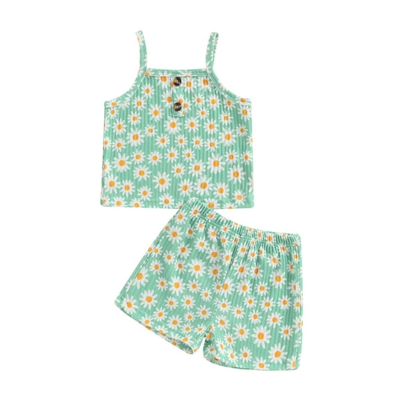 Suealasg Kids Baby Girl 2Pcs Summer Outfits Sleeveless Daisy Print Camisole Tops + Elastic Shorts Set 1T 2T 3T 4T 5T Toddler Girl Clothes