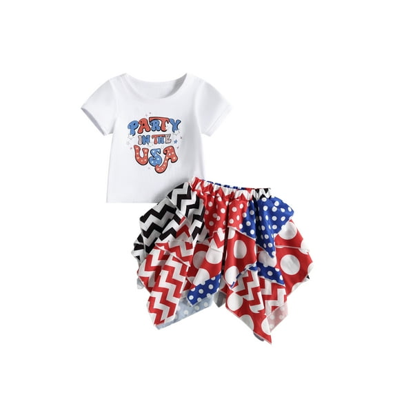 Suealasg Kids Baby Girl 4th of July Skirt Set Short Sleeve Letter Print T-Shirt Tops+Stripe Print Irregular A-Lined Skirt Toddler Summer Independence Day Clothes 6M-3T
