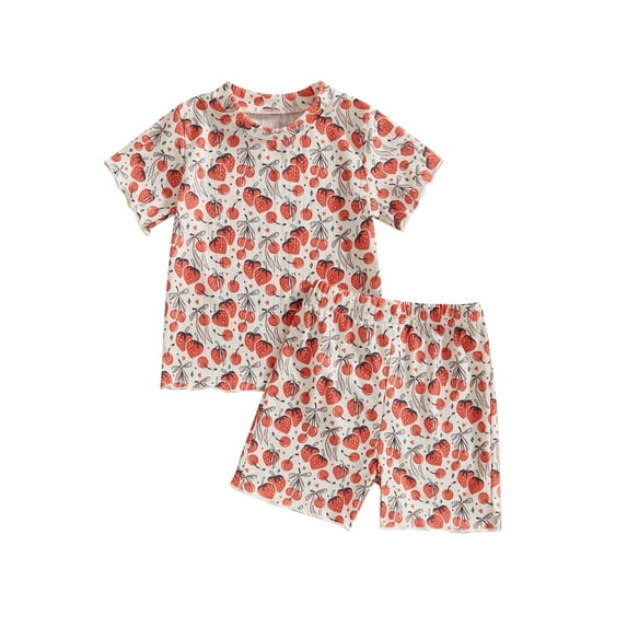 Suealasg Kids Baby Girl Summer 2Pcs Outfits Short Sleeve Floral/Bow/Fruit Print Tops + Shorts Set 1T 2T 3T 4T 5T Toddler Girl Clothes