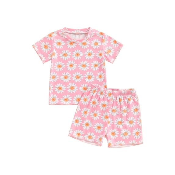 Suealasg Kids Baby Girls 2Pcs Summer Outfit Flower Print Short Sleeve Crew Neck T-shirt +Shorts 6M 1T 2T 3T 4T Toddler Girls Clothes