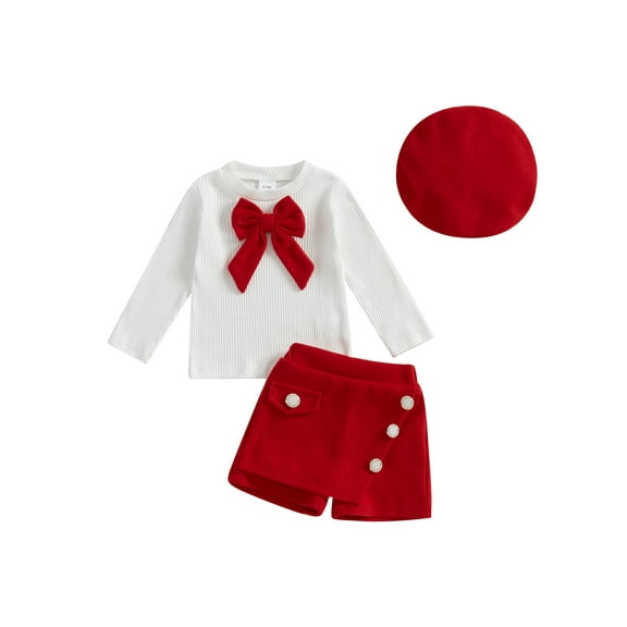Suealasg Kids Baby Girls 3Pcs Christmas Skirt Set 1T 2T 3T Toddler Girls Casual Fall Winter Outfits Long Sleeve Crew Neck Bowknot T-shirt  Shorts  Hat