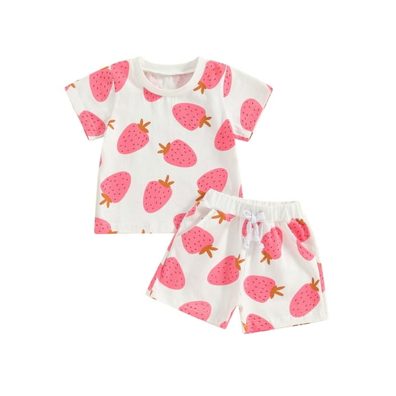 Suealasg Kids Baby Girls Summer Clothes 3M 6M 12M 18M 24M 3T Short Sleeve Strawberry Print T-Shirt Top Shorts Set 2Pcs Toddler Girls Casual Outfits