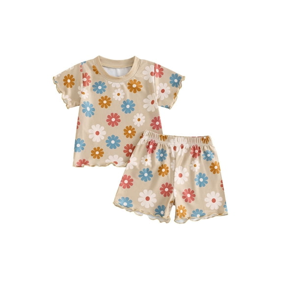 Suealasg Kids Baby Girls Summer Outfits 6M 1T 2T 3T 4T Short Sleeve Colorful Floral Print Tops Elastic Waist Shorts 2Pcs Causal Beach Vacation Clothes for Toddler Girls