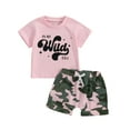 thumbnail image 1 of Suealasg Kids Baby Girls Summer Outfits Clothes 6M 1T 2T 3T 4T 5T Short Sleeve Letters Print T-Shirt and Camouflage Shorts 2Pcs Causal  Clothing for Toddler Girls, 1 of 9