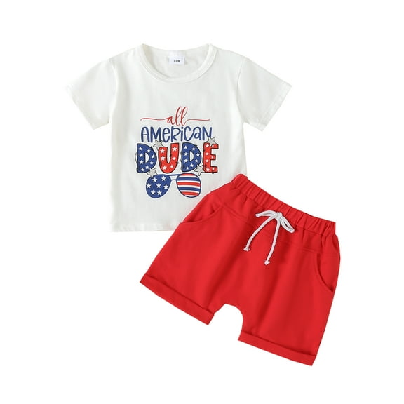 Suealasg Kids Boy 4th of July Outfit Summer Short Sleeve Letter Sunglasses Print T-Shirt and Elastic Waist Shorts 2Pcs Toddler Boy Memorial Day Clothes Set