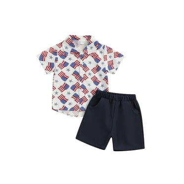 Suealasg Kids Boy 4th of July Outfit Summer Short Sleeve America Flag Print Shirt  Elastic Waist Shorts 2Pcs Toddler Boy Independence Day Clothes Set
