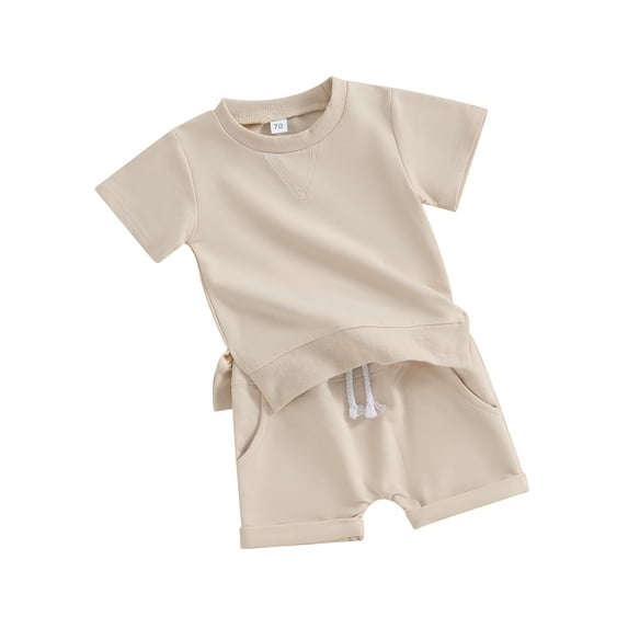 Suealasg Kids Boy Summer Outfits 2Pcs Toddler Baby Boy Clothes Set Ruffle Short Sleeve Side Slit T-Shirts Tops Elastic Shorts Set 1T 2T 3T Infant Boy Beach Clothing