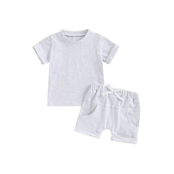 Suealasg Kids Boy Summer Outfits 2Pcs Toddler Baby Boy Clothes Set Solid Color Rolled Hem Short Sleeve T-Shirts Tops Elastic Waist Shorts 6M 1T 2T 3T Infant Boy Beach Clothing