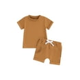thumbnail image 1 of Suealasg Kids Boy Summer Outfits 2Pcs Toddler Baby Boy Clothes Set Solid Color Rolled Hem Short Sleeve T-Shirts Tops Elastic Waist Shorts 6M 1T 2T 3T Infant Boy Beach Clothing, 1 of 9