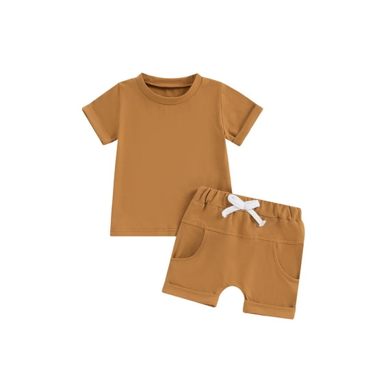 Suealasg Kids Boy Summer Outfits 2Pcs Toddler Baby Boy Clothes Set Solid Color Rolled Hem Short Sleeve T-Shirts Tops Elastic Waist Shorts 6M 1T 2T 3T Infant Boy Beach Clothing