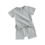 Suealasg Kids Boy Summer Outfits 2Pcs Toddler Baby Boy Clothes Set Ruffle Short Sleeve Side Slit T-Shirts Tops Elastic Shorts Set 1T 2T 3T Infant Boy Beach Clothing