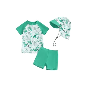 Suealasg Kids Boys 3Pcs Split Swimsuit Set 1T 2T 3T 4T Short Sleeve Palm Tree Dinosaur Print Rash Guard Tops +Swim Trunks + Swim Cap Toddler Baby Boys Summer Swimwear Bathing Suit