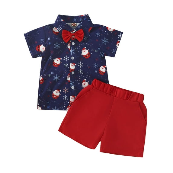 Suealasg Kids Boys Christmas Gentleman Suits 9M 1T 2T 3T 4T 5T Little Boys Short Sleeve Bow Santa Claus Print Shirt Elastic Waist Shorts Christmas-themed Clothing for Toddler Boys
