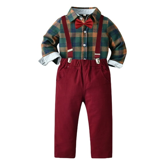 Suealasg Kids Boys Christmas Gentleman Suits Outfits 1T 2T 3T 4T 5T 6T Little Boys Long Sleeve Lapel Button Plaid Shirt and Suspender Pants Set Formal Wear Clothing for Child Boys