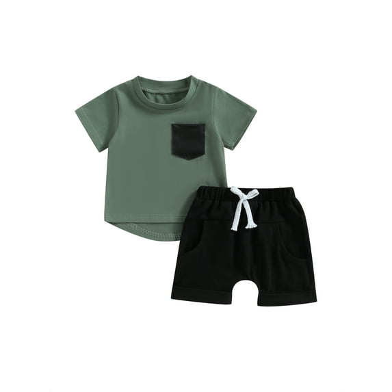 Suealasg Kids Boys Clothes 6M 1T 2T 3T 4T Short Sleeve Leather Pocket T-Shirts Tops and Shorts 2Pcs Summer Toddler BabyBoys Summer Outfits